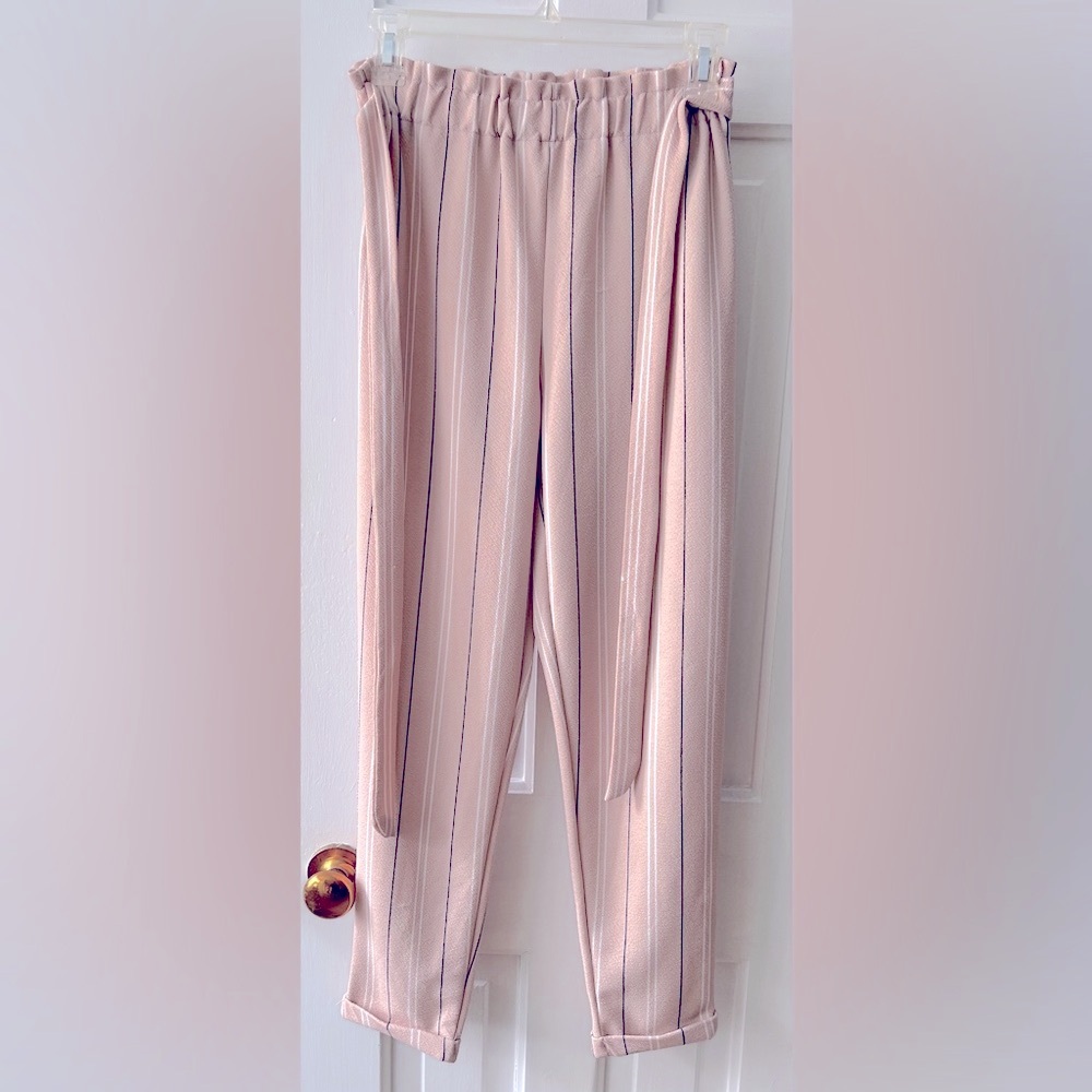 No Comment Pinstripe Gathered Waist Tie Belt Salmon Pink Pinstripe Dress Pants - Picture 4 of 9